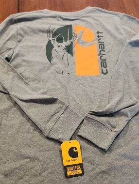 NWT M Carhartt Gray Long-Sleeve Tee with Orange Block and Green Deer Graphic
